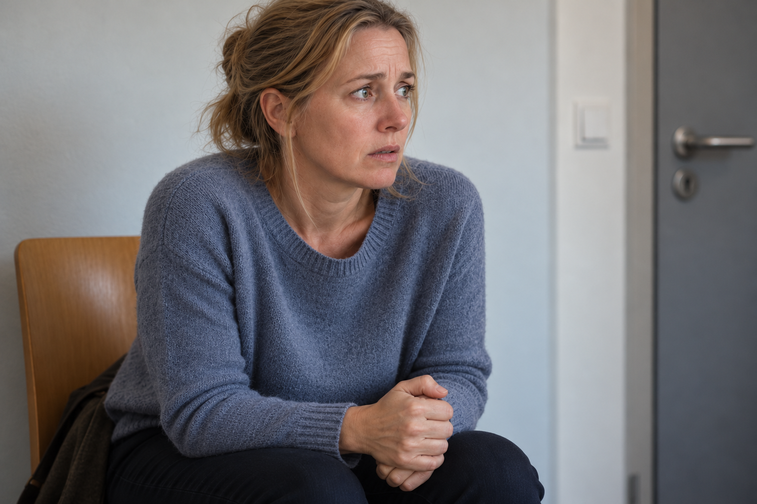 Eine Frau wartet mit angespannten Händen und besorgtem Blick.