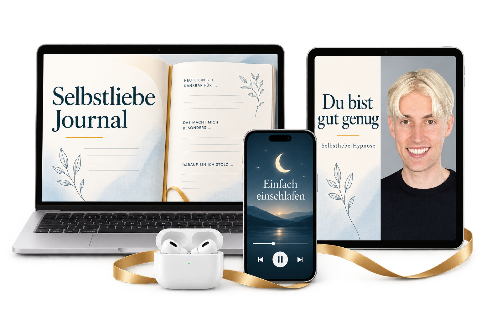Produkt-Mockup der kostenlosen Audios und des Selbstliebe-Journals auf MacBook, iPad und iPhone mit AirPods
