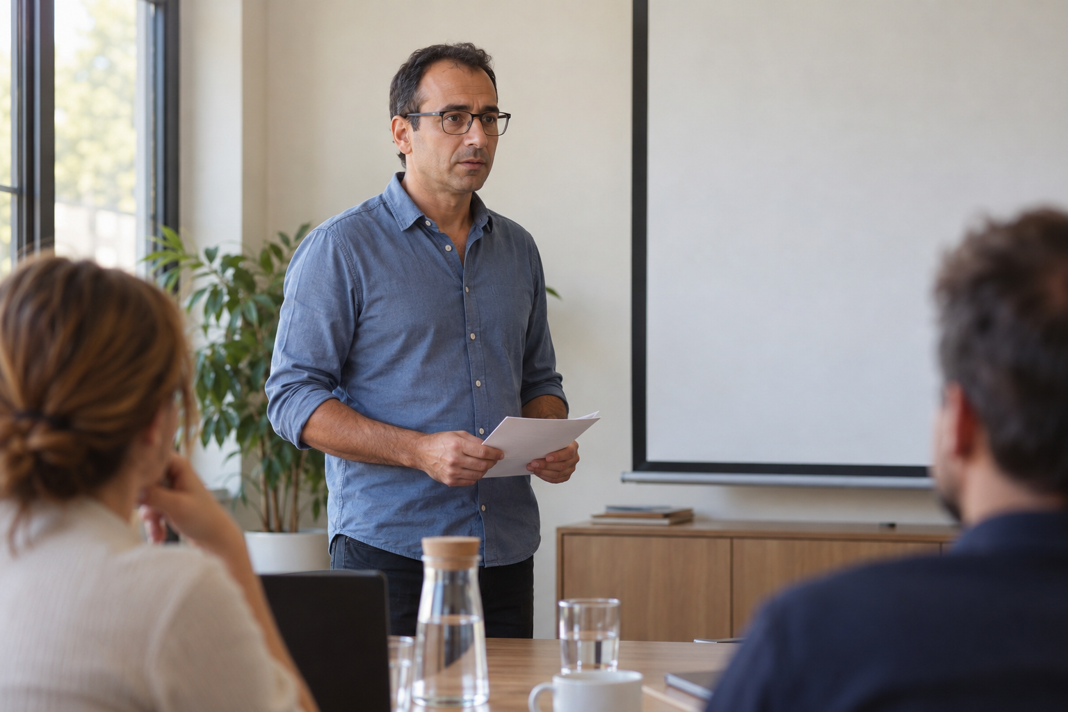 Ein Mann mit Brille steht mit seinen Notizen vor zwei Zuhörern in einem Besprechungsraum.